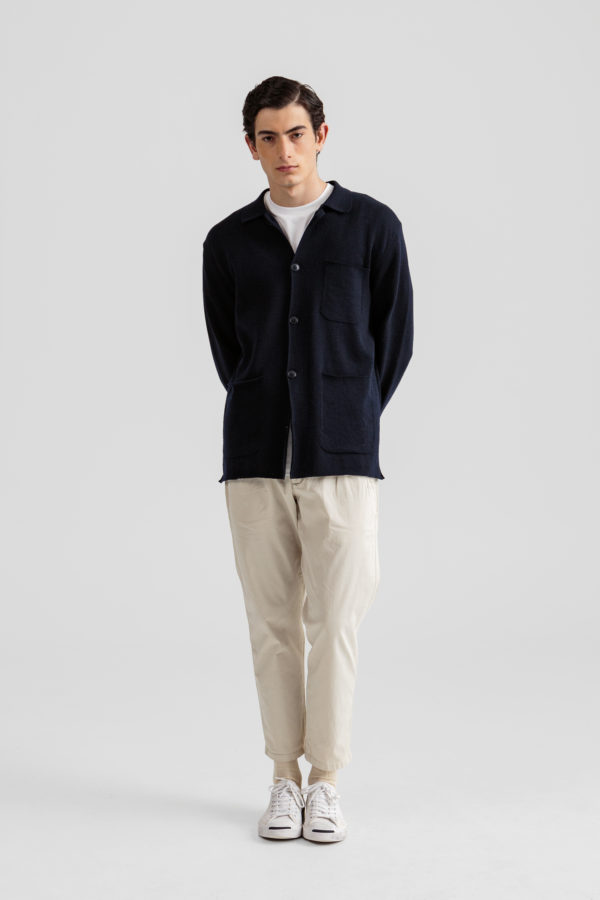 Knitted jacket plain navy owen pants plain beige