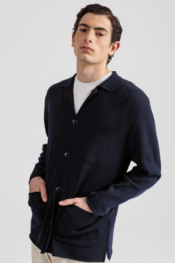 Knitted jacket plain navy owen pants plain beige