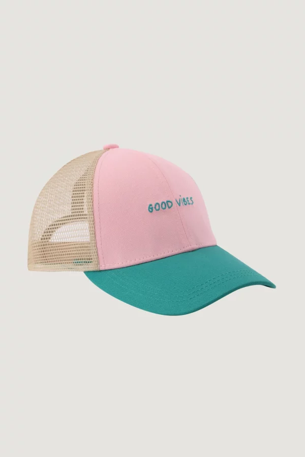 good vibes cassini twill cotton mesh trucker cap pink green beige x jpg